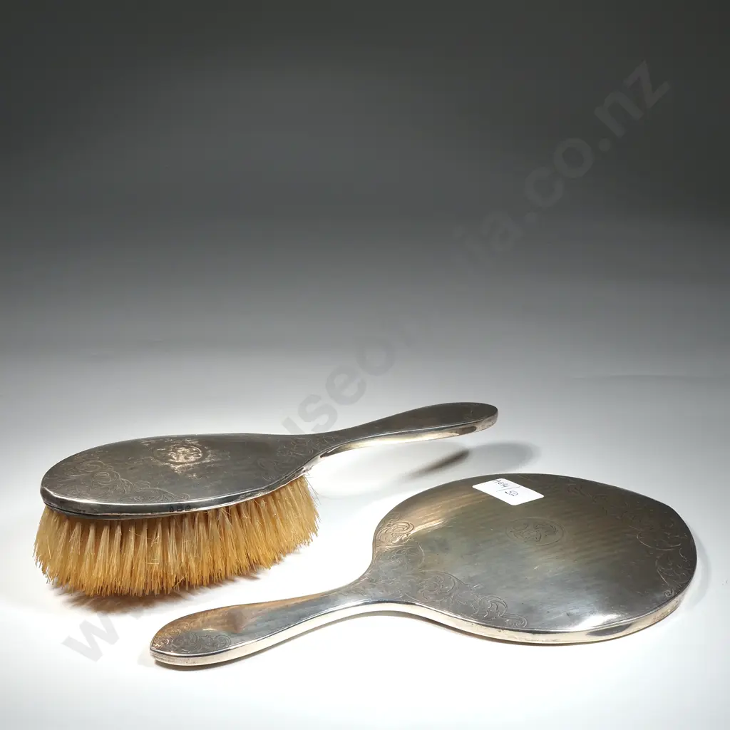 Sterling Silver Dressing Table Mirror & Hair Brush With Engine Turned & Scroll Decoration Image 1++