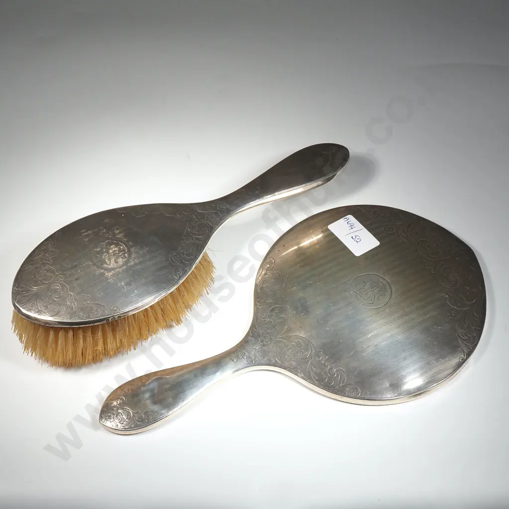 Sterling Silver Dressing Table Mirror & Hair Brush With Engine Turned & Scroll Decoration Image 1++