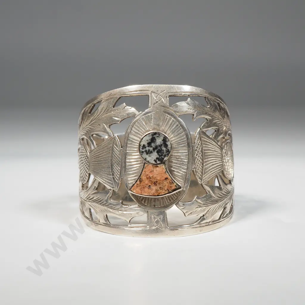 Sterling Silver Napkin Ring w Scottish Detailing & Granite Set Thistle Image 1++