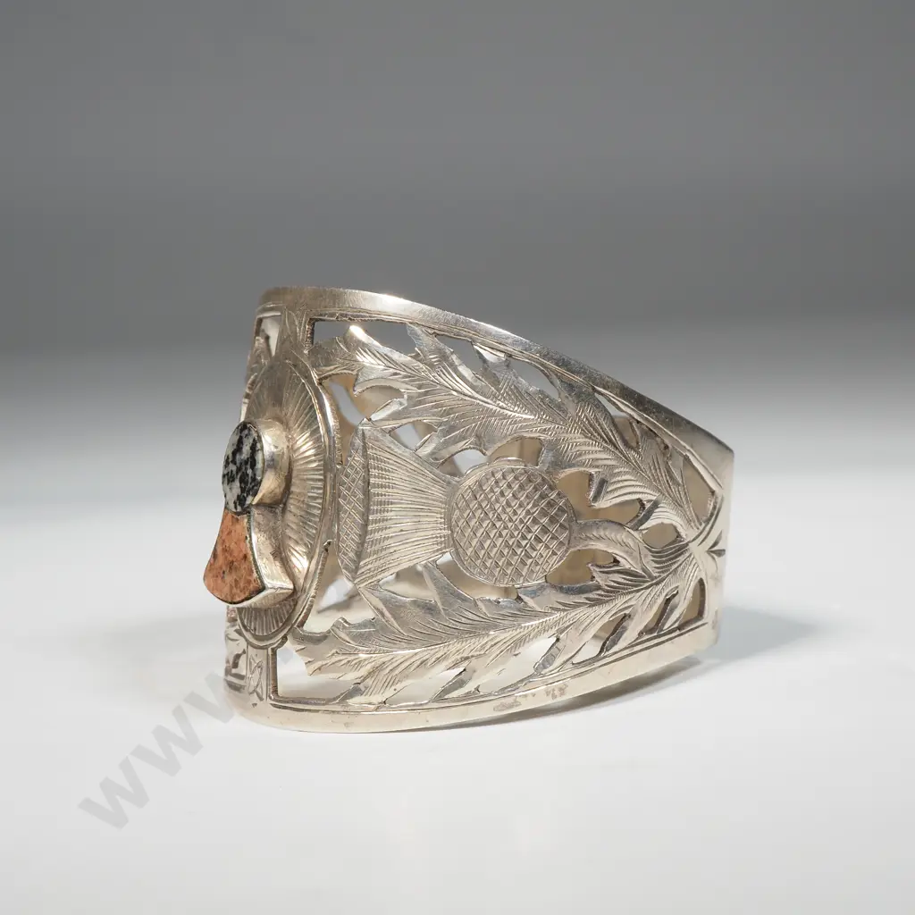 Sterling Silver Napkin Ring w Scottish Detailing & Granite Set Thistle Image 1++