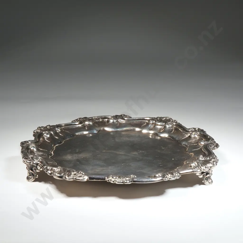 Sterling Silver Salver with Scalloped Shaped  Gadrooned Rim With Scrolls & Acanthus Leaves On Three Scroll Feet Image 1++
