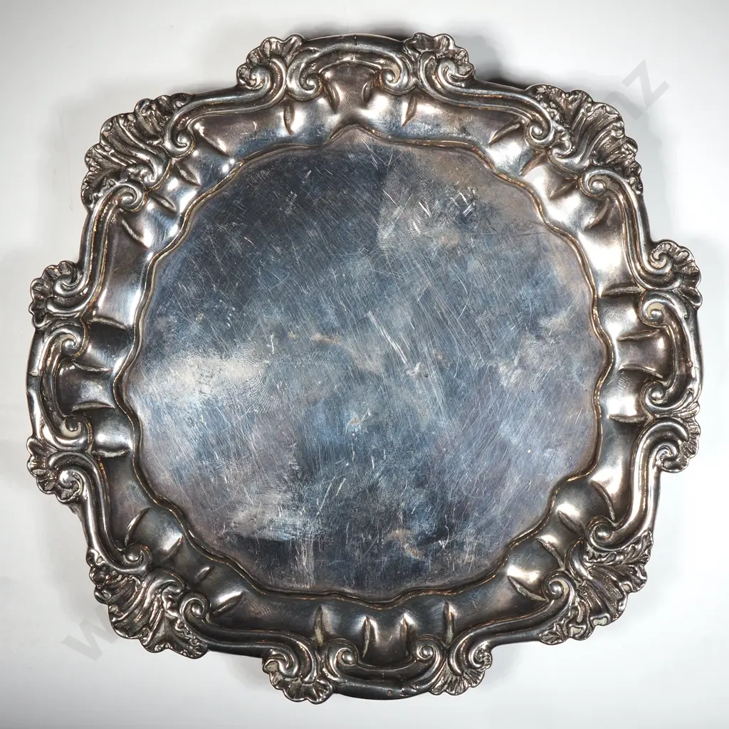 Sterling Silver Salver with Scalloped Shaped  Gadrooned Rim With Scrolls & Acanthus Leaves On Three Scroll Feet Image 1++