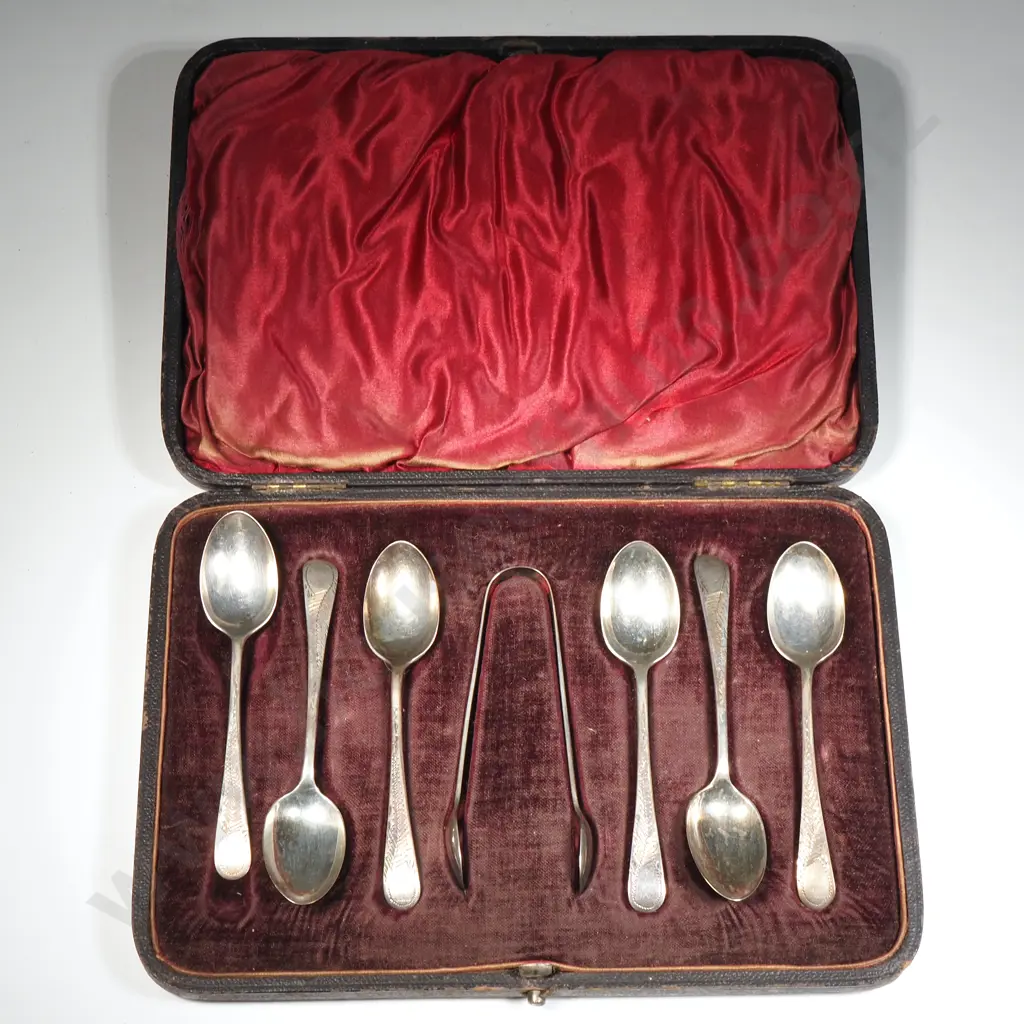 Set Of Six Engraved Sterling Silver & Sugar Tongs In Original Case - Sheffield 1906 Image 1++