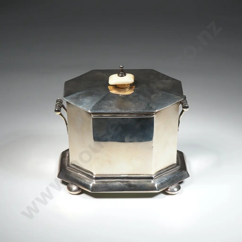 Sterling Silver Octagonal Tea Caddy w Ivory Finial - Birm 1912 Image 1++