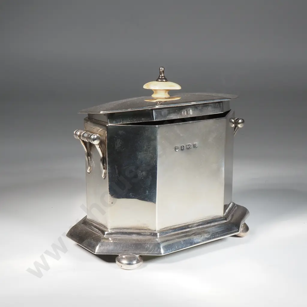 Sterling Silver Octagonal Tea Caddy w Ivory Finial - Birm 1912 Image 1++