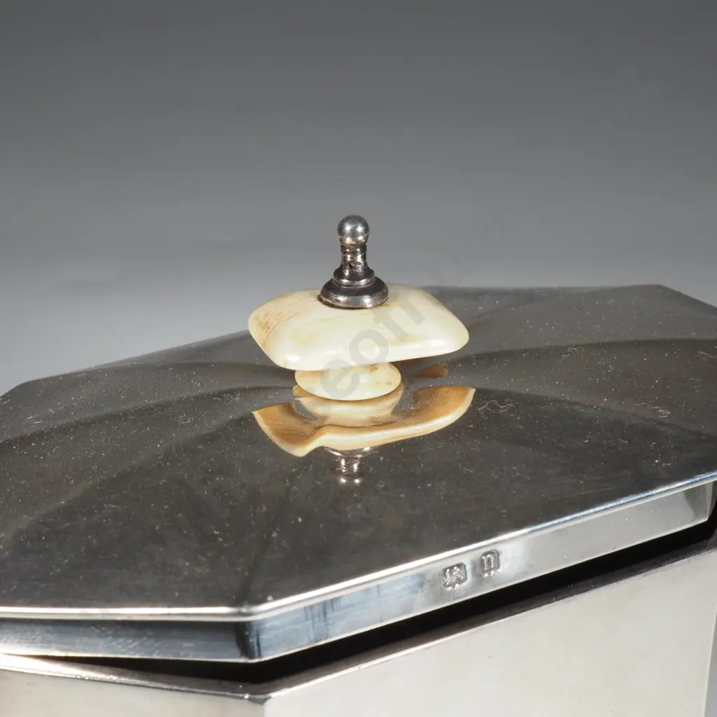 Sterling Silver Octagonal Tea Caddy w Ivory Finial - Birm 1912 Image 1++