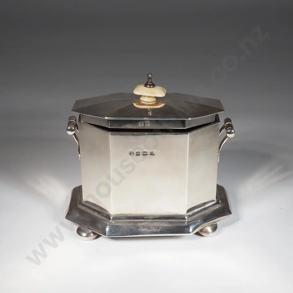 Sterling Silver Octagonal Tea Caddy w Ivory Finial - Birm 1912 Image 1++