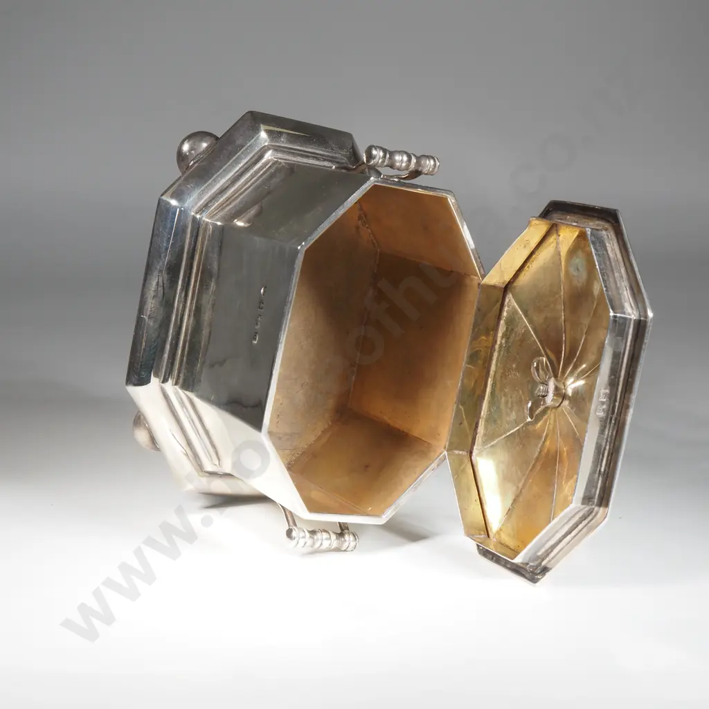 Sterling Silver Octagonal Tea Caddy w Ivory Finial - Birm 1912 Image 1++