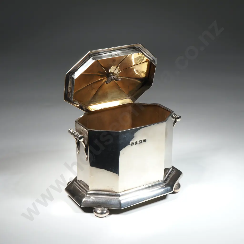 Sterling Silver Octagonal Tea Caddy w Ivory Finial - Birm 1912 Image 1++