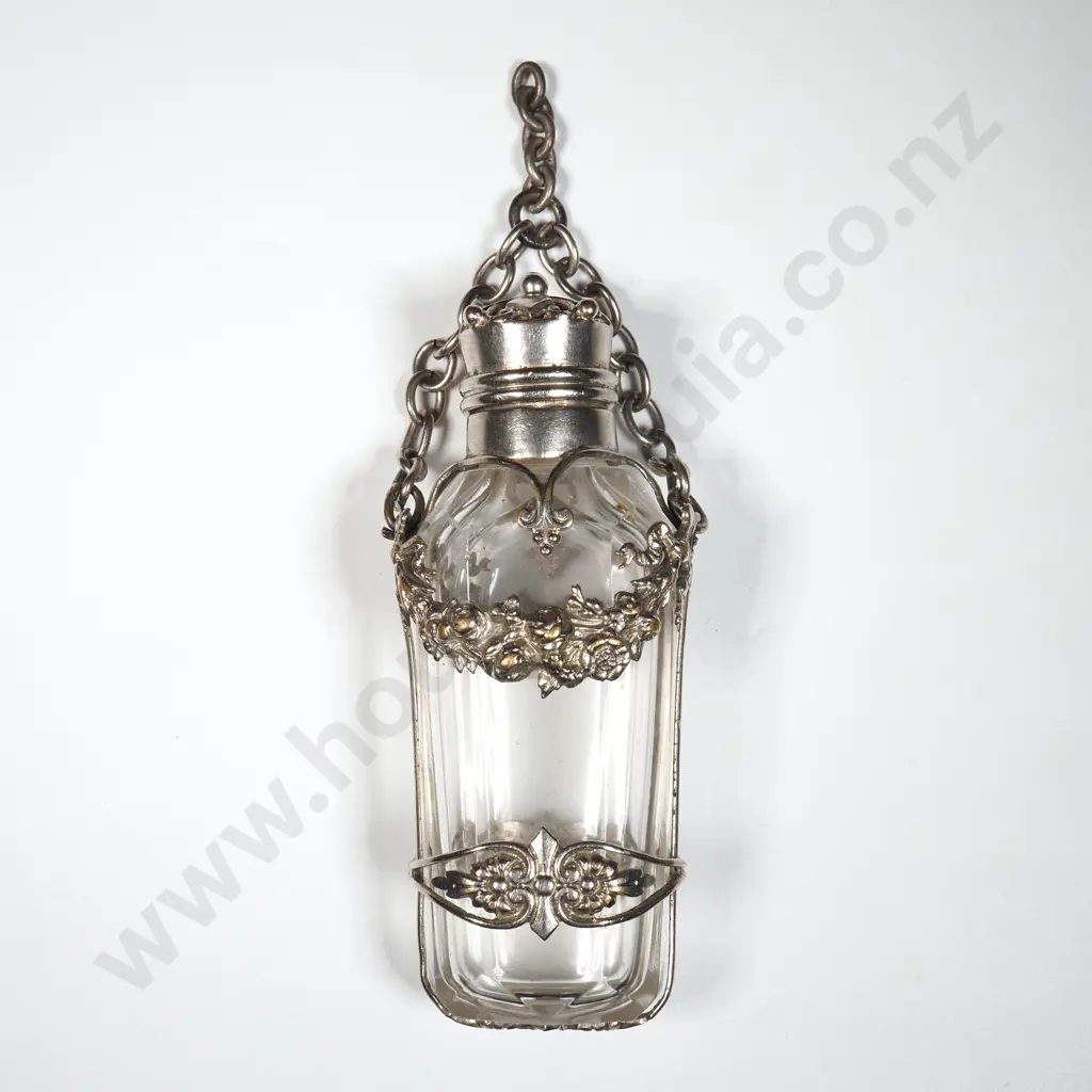 Victorian Glass & Silver Mounted Perfume Bottle w Chain For Chatelaine Image 1++