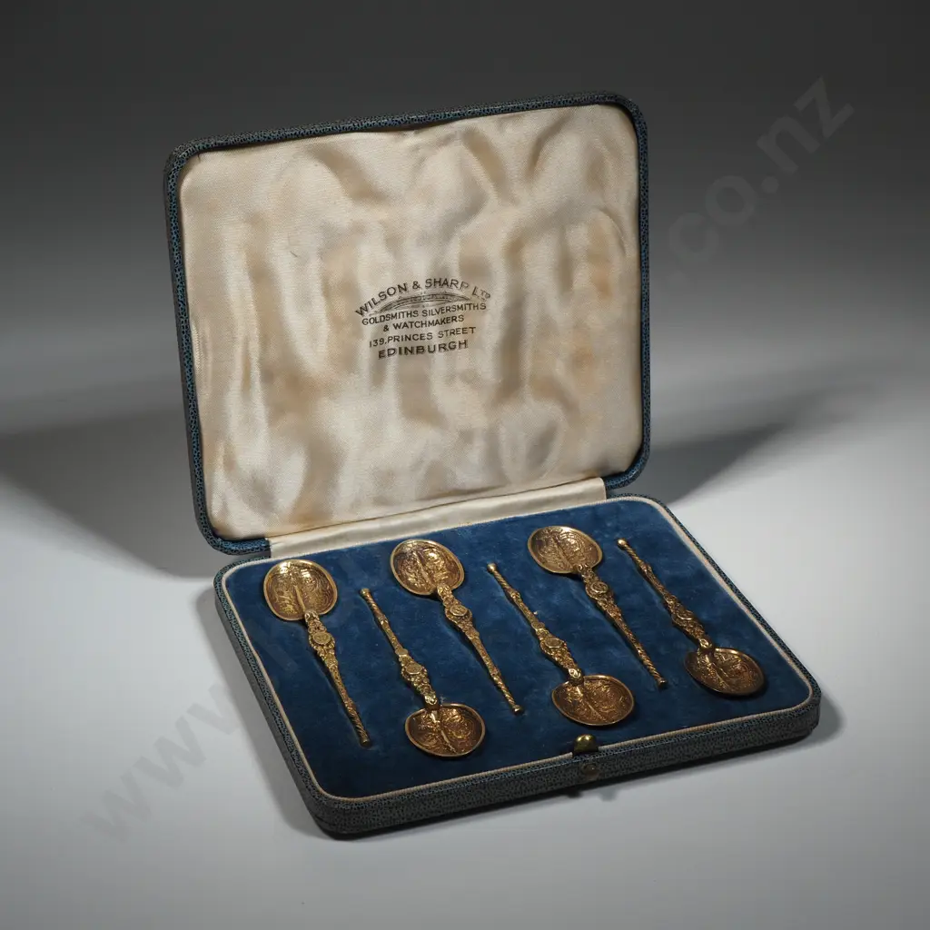Set Of Six Gilded Sterling Silver Anointing Spoons In Period Case Image 1++