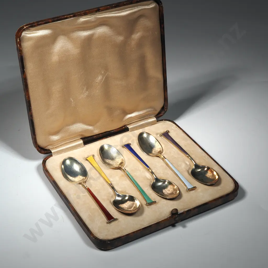 Cased Antique Sterling Silver Gilded Guilloche Enamel Coffee Spoons. Birm 1939 Image 1++