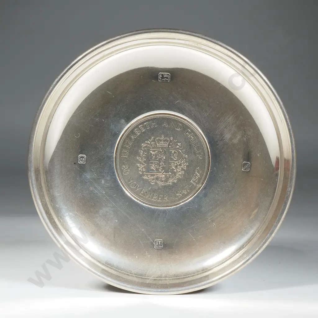 Sterling Silver Dish w 1972 Crown Celebrating 25th Wedding Anniversary of QEII Image 1++