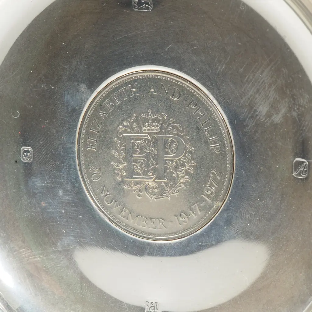 Sterling Silver Dish w 1972 Crown Celebrating 25th Wedding Anniversary of QEII Image 1++