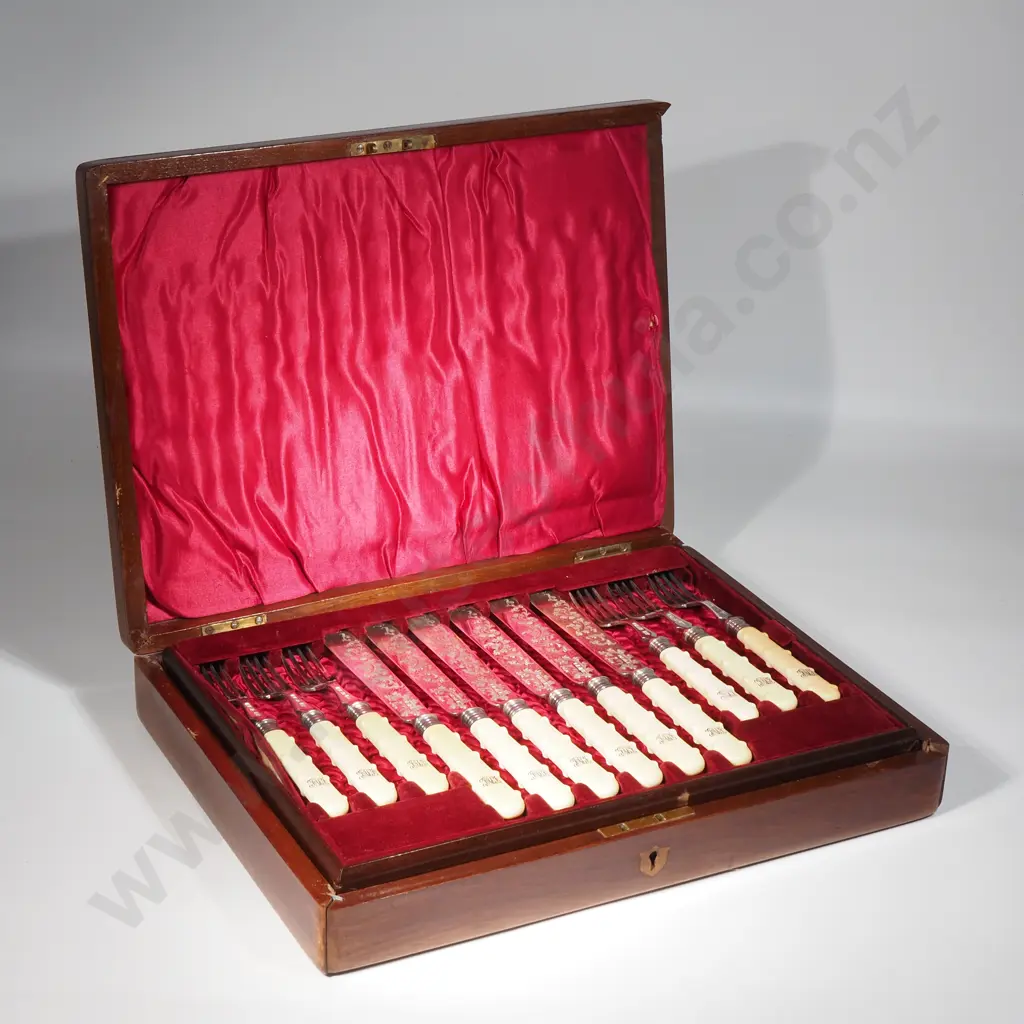 Mahogany Cased Set Of Twelve Sterling silver & Ivory Fish Knives And Forks w Highly Engraved Knife Blades Image 1++