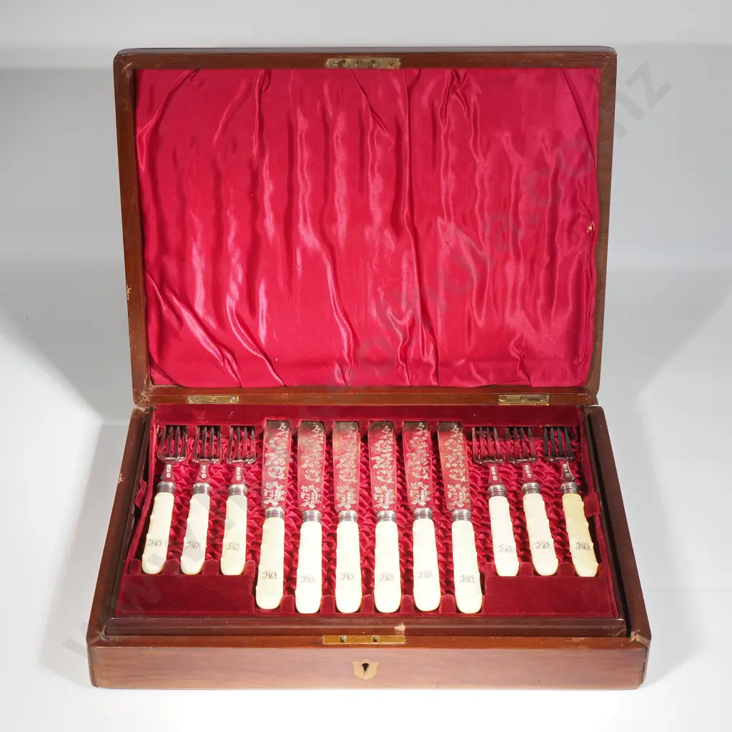 Mahogany Cased Set Of Twelve Sterling silver & Ivory Fish Knives And Forks w Highly Engraved Knife Blades Image 1++