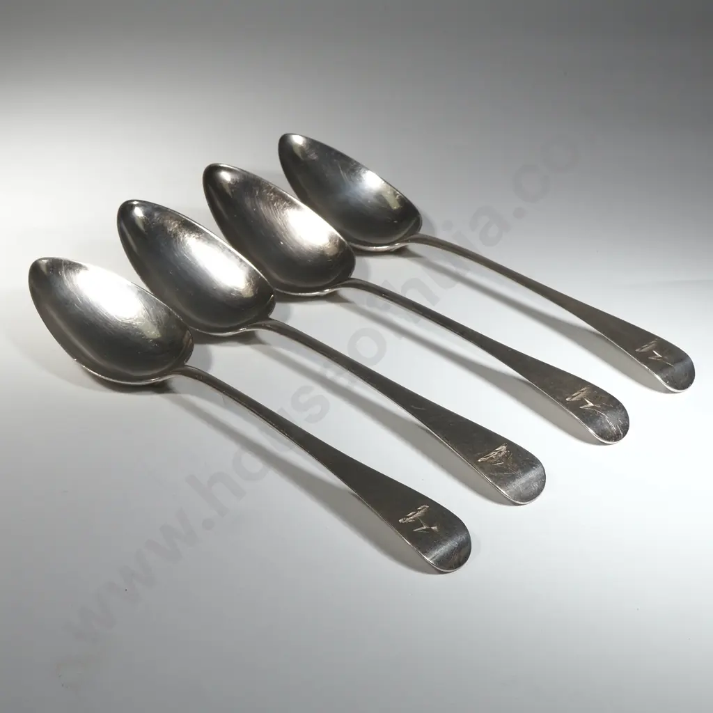 Four Sterling Silver Soup Spoons w Matching Engraved Crest - London 1798 Image 1++