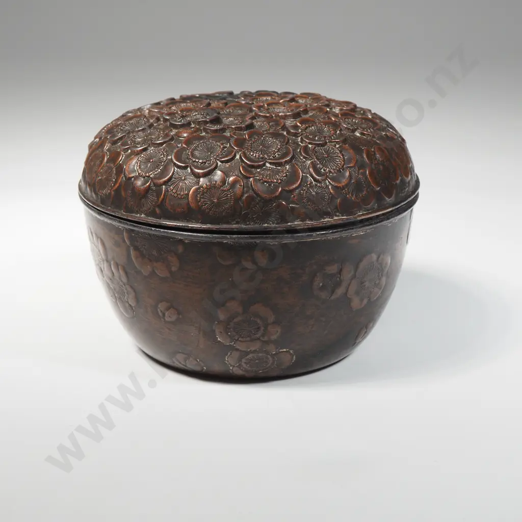 Asian Copper Coloured Lidded Jar Embossed w A Floral Design Image 1++