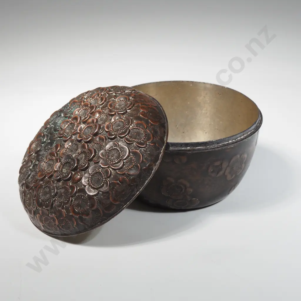 Asian Copper Coloured Lidded Jar Embossed w A Floral Design Image 1++