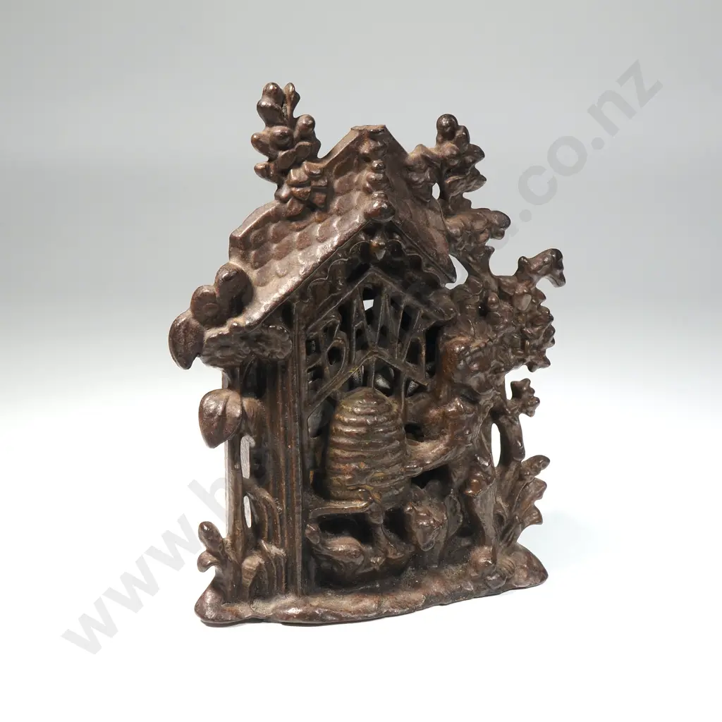 Vintage Honey Bear Beehive Cast Iron Money Bank Depicting a Honey Bear w Beehive - Reg Mark To Interior Roof Image 1++