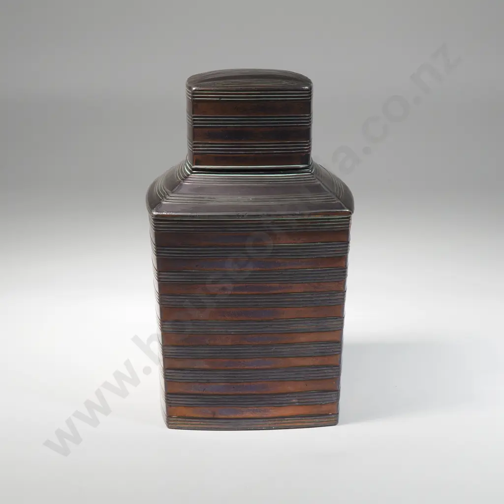 Silver Plate On Copper Tea Caddy w Horizontal Ribbed Decoration w Internal Stopper Image 1++