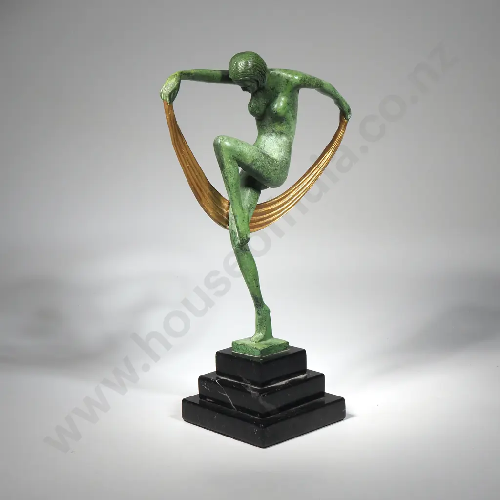 Reproduction Art Deco Green Patinated Spelter Figure Of A Woman Dancer By Max Le Verrier Titled  Danseuses a La Draperie Image 1++