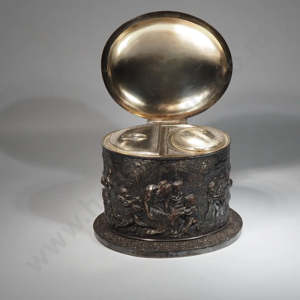 Silver Plate Oval Tea Caddy Embossed w Scenes From Roman Mythology Depicting Pan Goats & Cupid Figures Image 1++