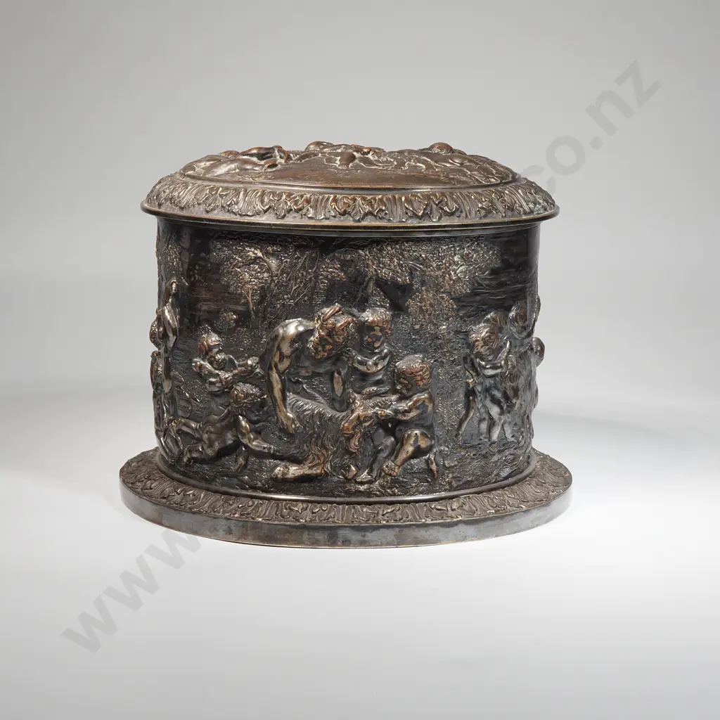 Silver Plate Oval Tea Caddy Embossed w Scenes From Roman Mythology Depicting Pan Goats & Cupid Figures Image 1++