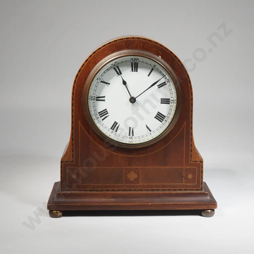 Small Inlaid Buren Mahogany Mantle Clock w Dome Top & 8 Day Movement Image 1++