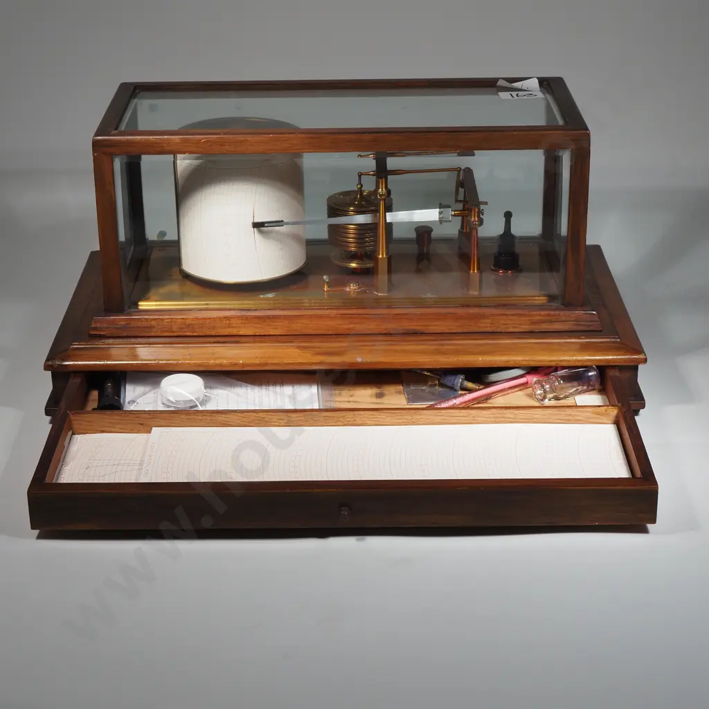 Negretti & Zambra Barograph w 'Regency' Jewelled movement - Number R/4678 - In Wooden & Glass Case - Single Drawer Image 1++