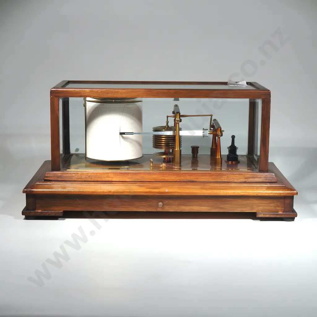 Negretti & Zambra Barograph w 'Regency' Jewelled movement - Number R/4678 - In Wooden & Glass Case - Single Drawer Image 1++