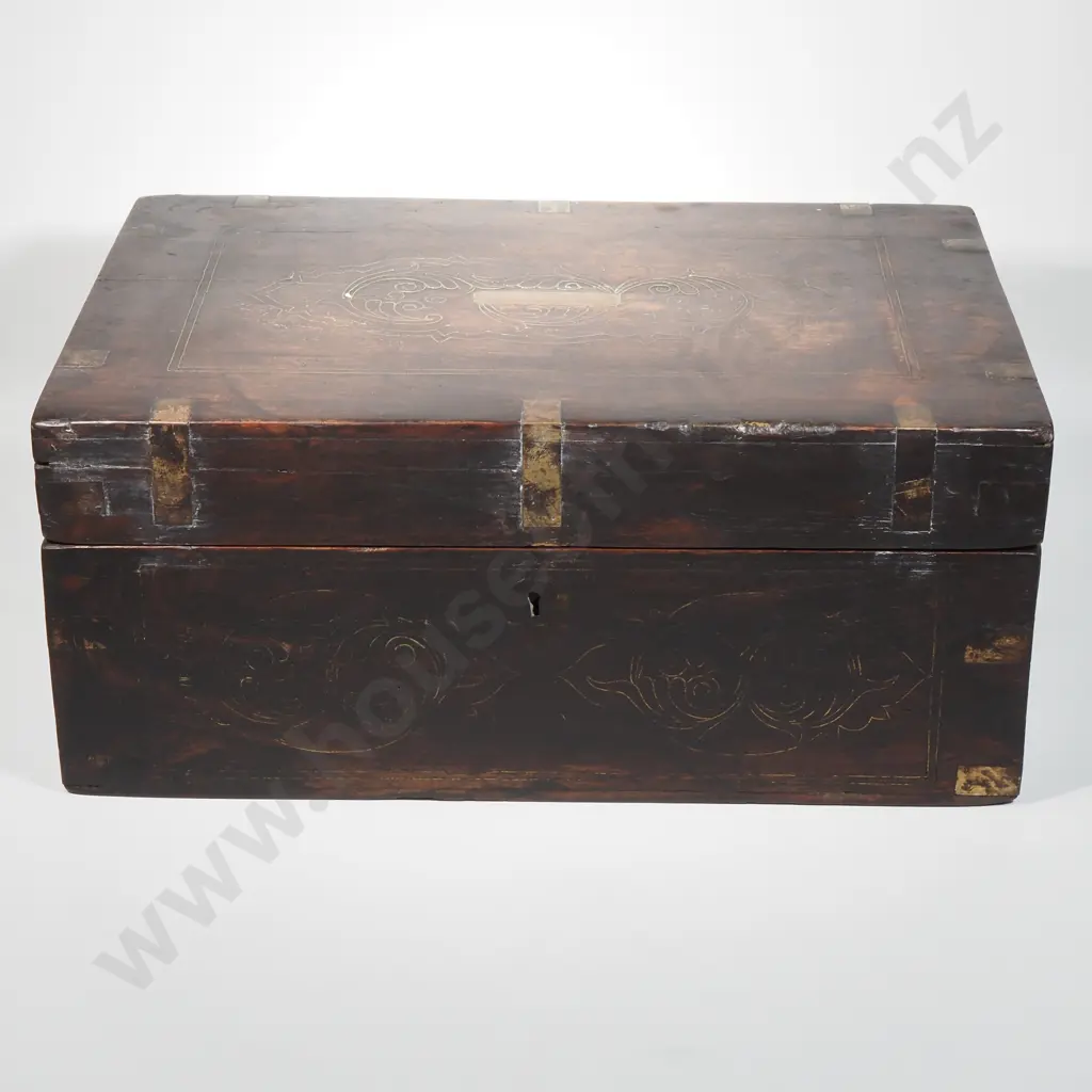 Vintage Indian Wooden Box/Chest w Brass Fittings & Decorative Brass Inlay w Swirling Patterns & Carrying Handles Image 1++