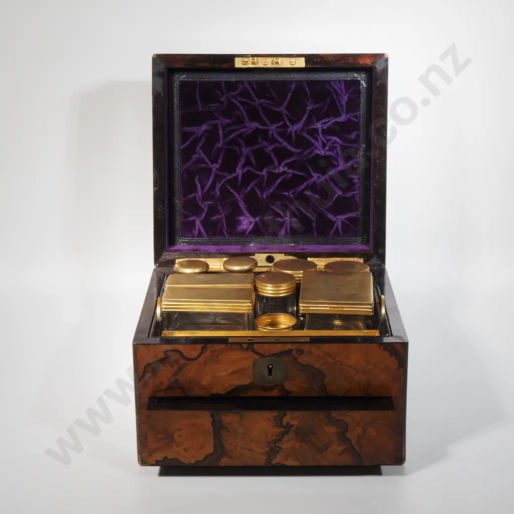 Quality Walnut Ladies Travelling Companion Containing Sterling Silver Gilt Toilet Bottles & Jars & Having A Drawer Below Image 1++