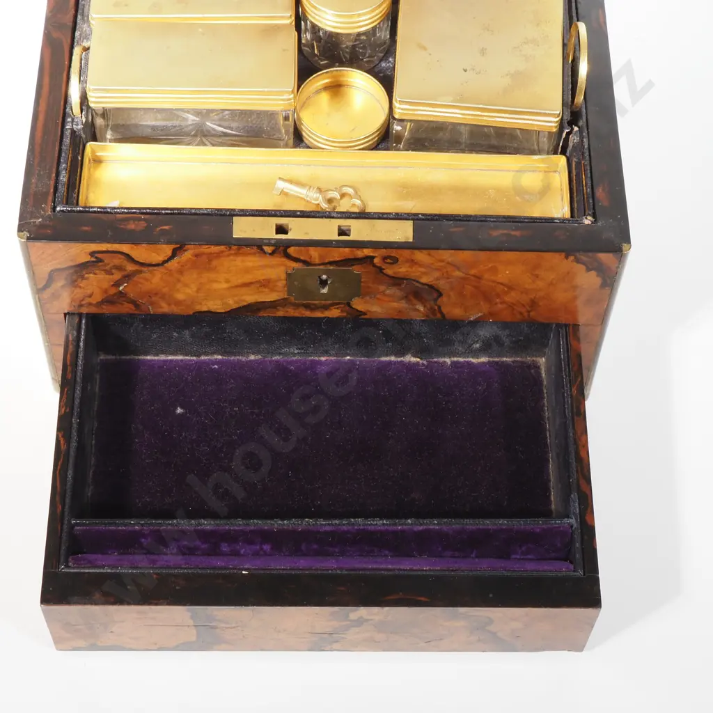 Quality Walnut Ladies Travelling Companion Containing Sterling Silver Gilt Toilet Bottles & Jars & Having A Drawer Below Image 1++