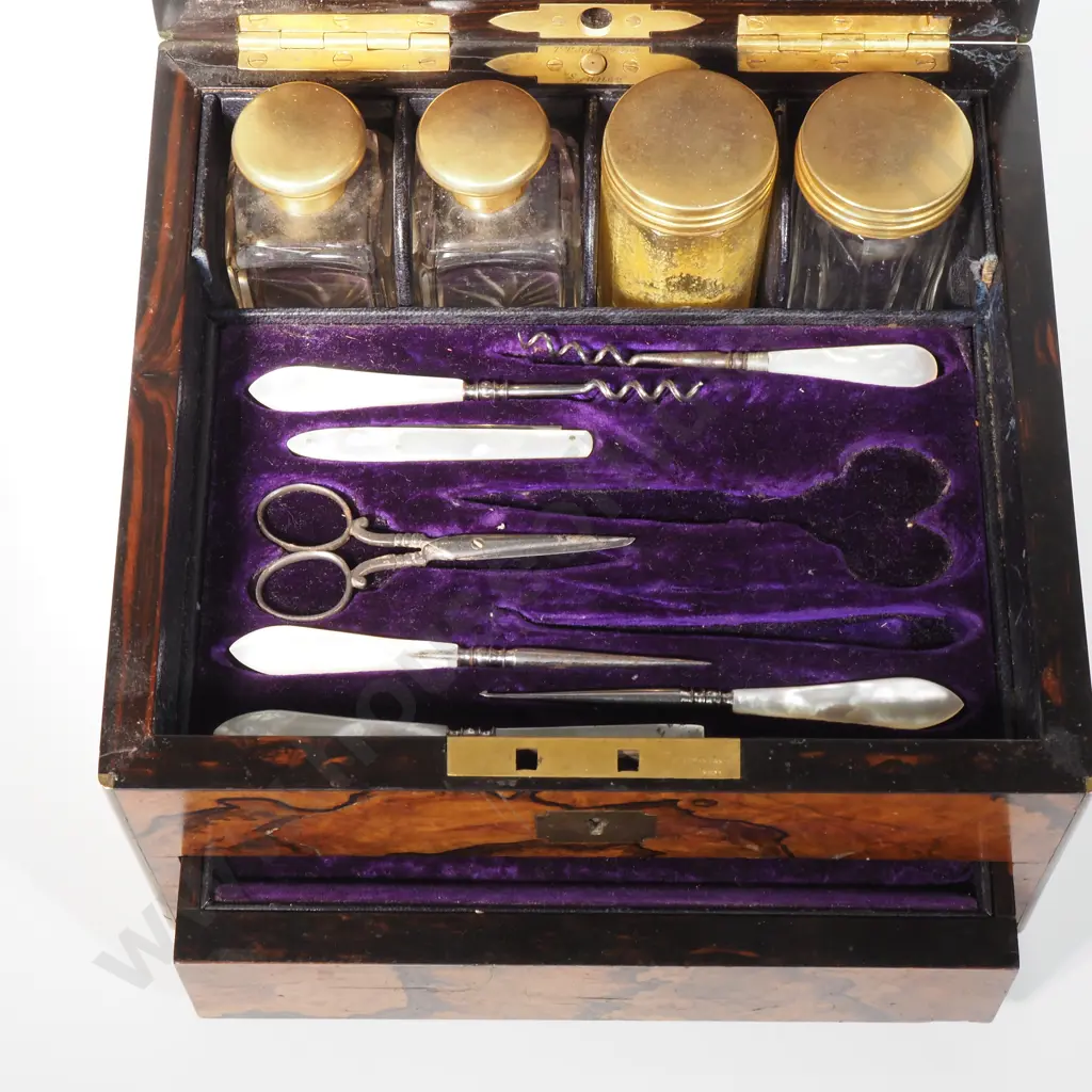 Quality Walnut Ladies Travelling Companion Containing Sterling Silver Gilt Toilet Bottles & Jars & Having A Drawer Below Image 1++