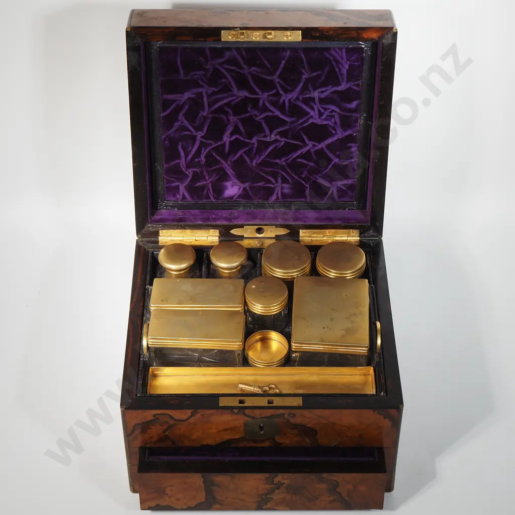 Quality Walnut Ladies Travelling Companion Containing Sterling Silver Gilt Toilet Bottles & Jars & Having A Drawer Below Image 1++