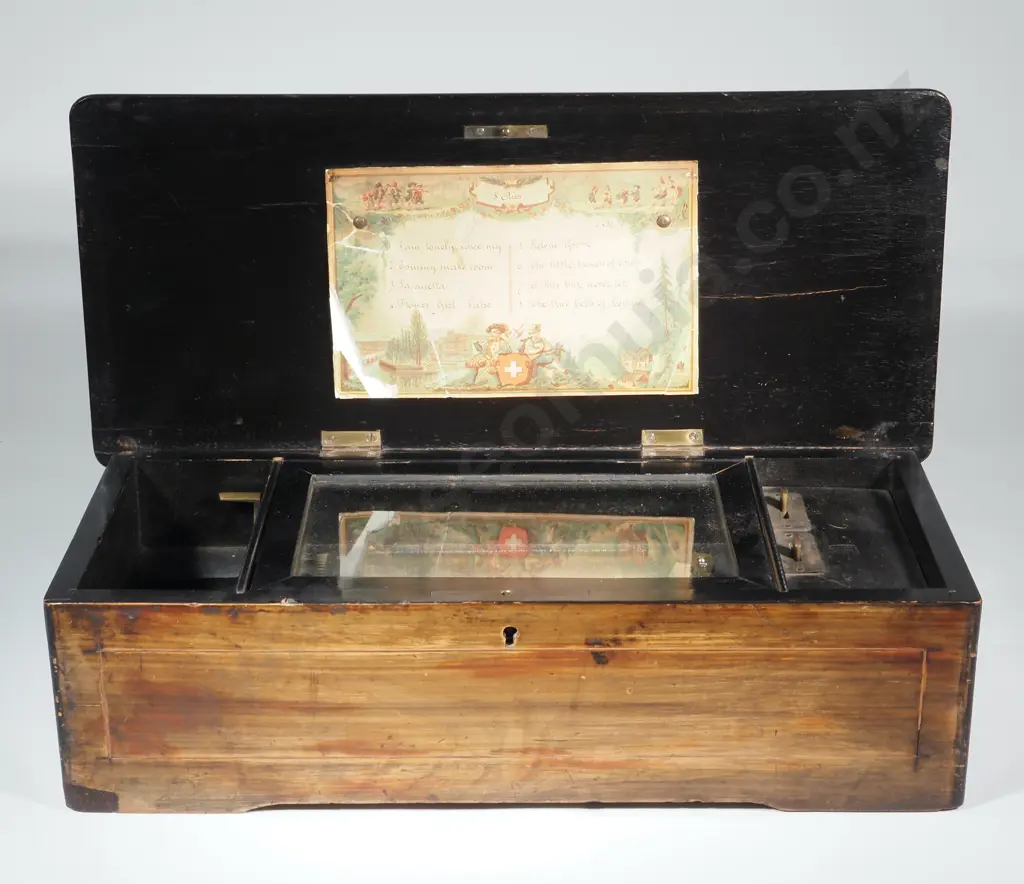 Antique Swiss Cylinder Music Box w Walnut Case & Intricate Marquetry Inlay Image 1++