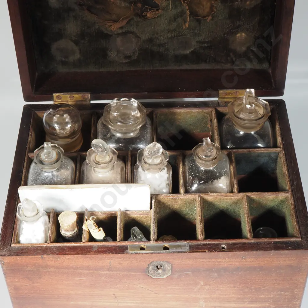 Antique Mahogany Apothecary Box Or Medicine Chest w Military Style Brass Handles & Two Layers Complete w Bottles Image 1++