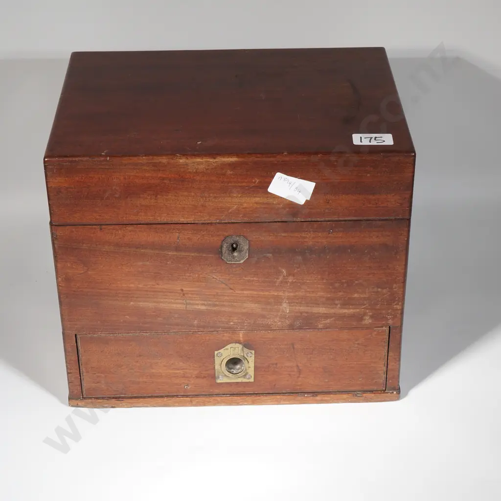 Antique Mahogany Apothecary Box Or Medicine Chest w Military Style Brass Handles & Two Layers Complete w Bottles Image 1++