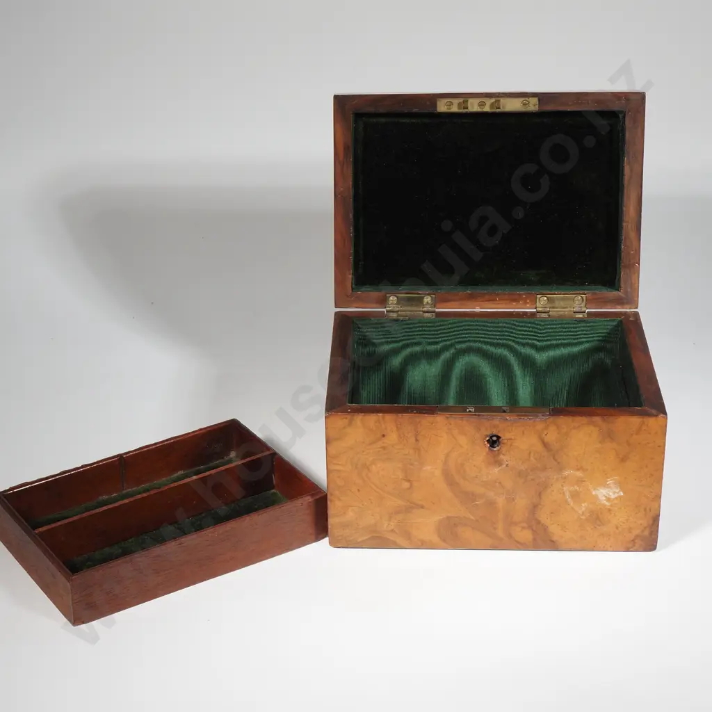 Antique Walnut Jewellery Box Of Small Proportions - The Interior w Two Tiers Lined w Satin & Velvet Image 1++