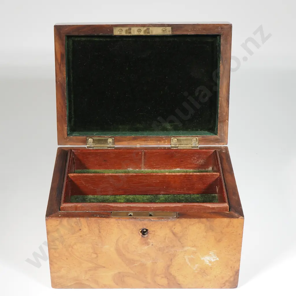 Antique Walnut Jewellery Box Of Small Proportions - The Interior w Two Tiers Lined w Satin & Velvet Image 1++