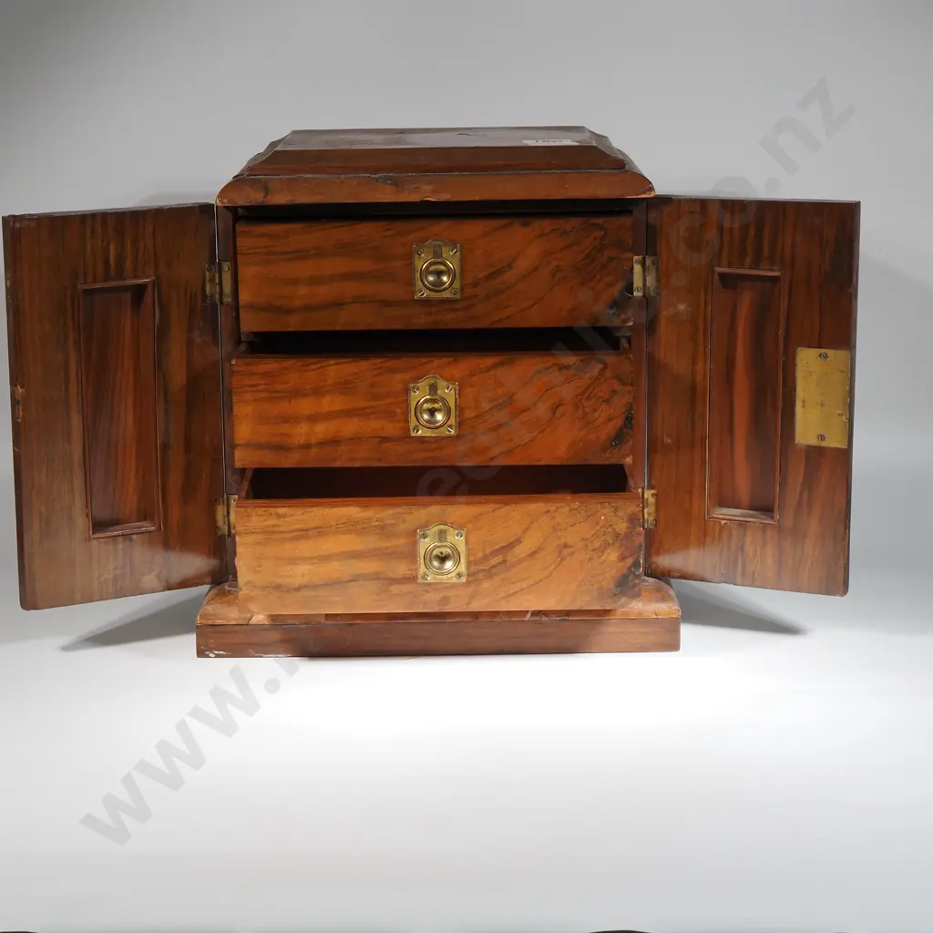 Victorian Walnut Three Drawer Collectors Box - The Three Drawers Behind Two Ornate Brass Mounted Doors Image 1++