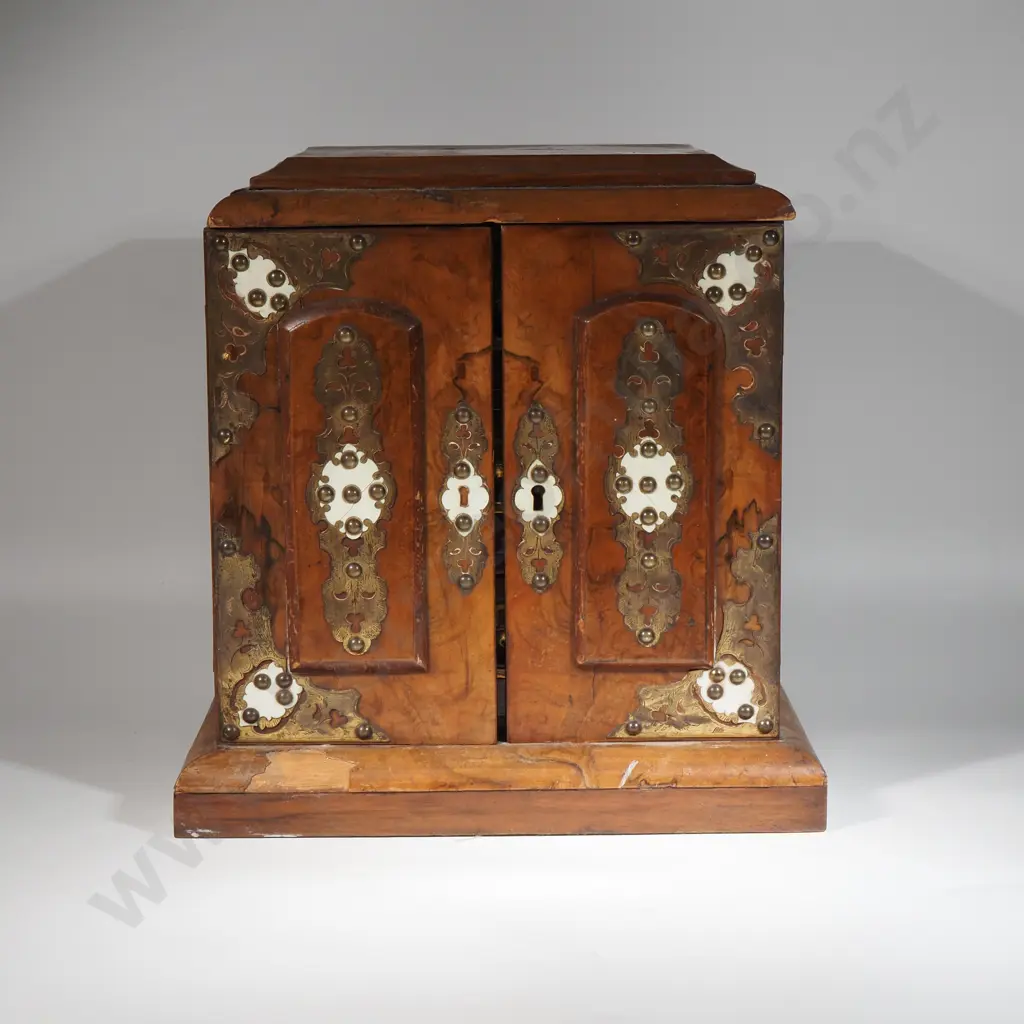 Victorian Walnut Three Drawer Collectors Box - The Three Drawers Behind Two Ornate Brass Mounted Doors Image 1++