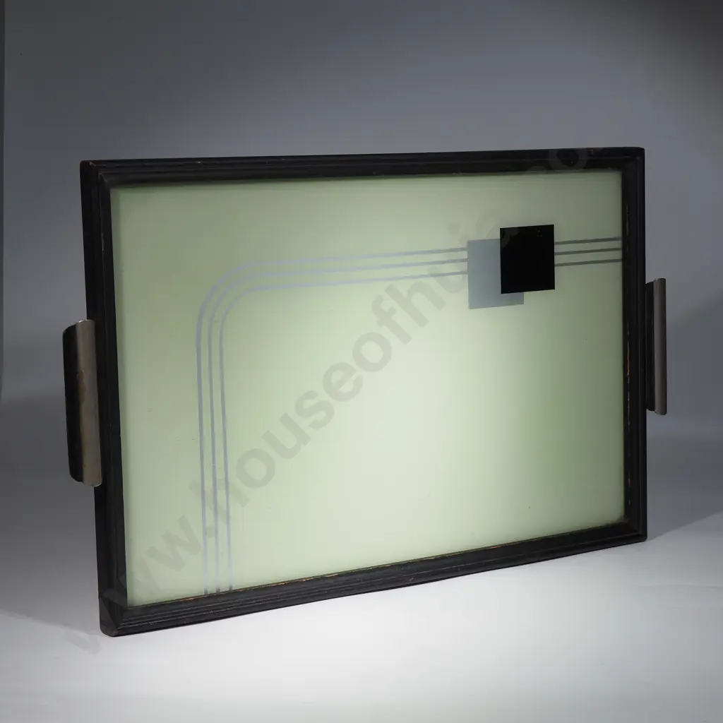 Art Deco Glass Reverse Painted Tray w Geometric Abstract Design & Wood Frame & Metal Handles Image 1++