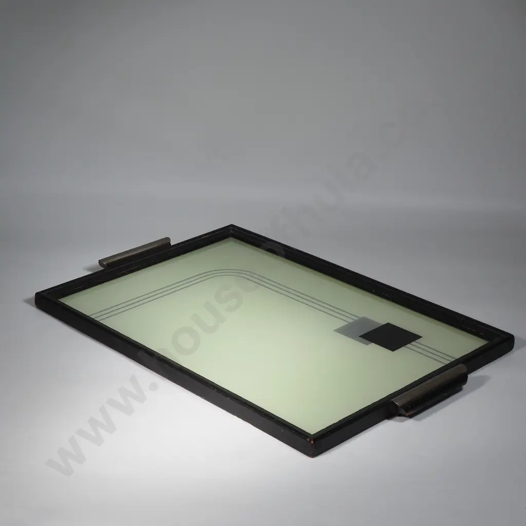 Art Deco Glass Reverse Painted Tray w Geometric Abstract Design & Wood Frame & Metal Handles Image 1++