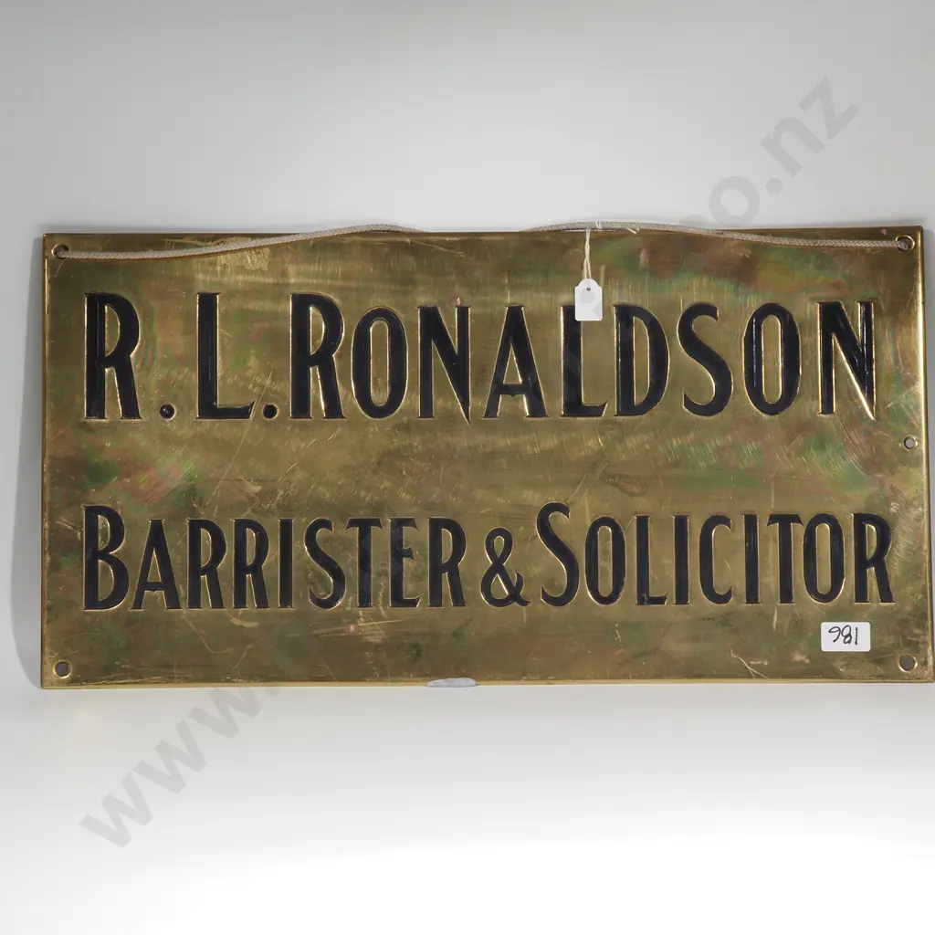 Vintage Brass Plaque "R L Ronaldson Barrister & Solicitor" - Moller & Young Christchurch Image 1++