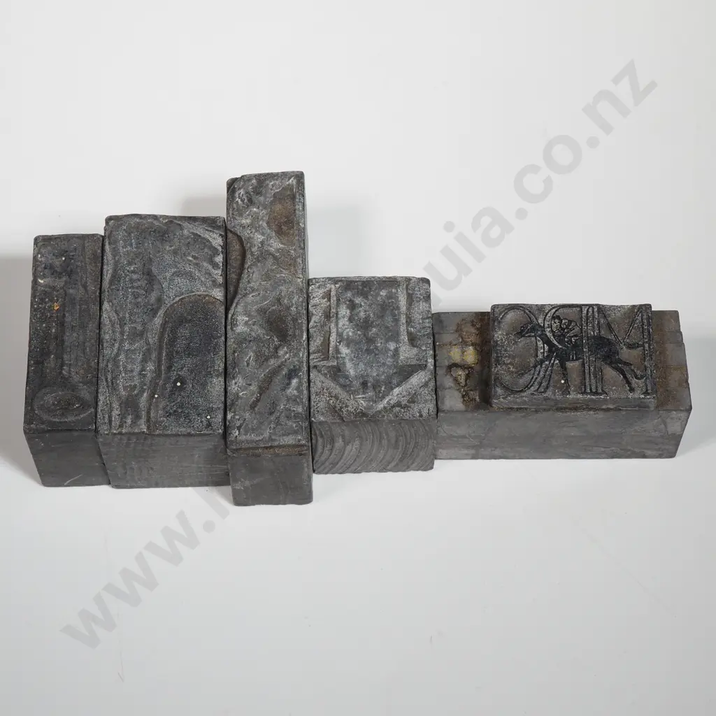Five Various Vintage Letterpress Printing Blocks Or Dies - One w Jockey On Horse - Arrow Image 1++