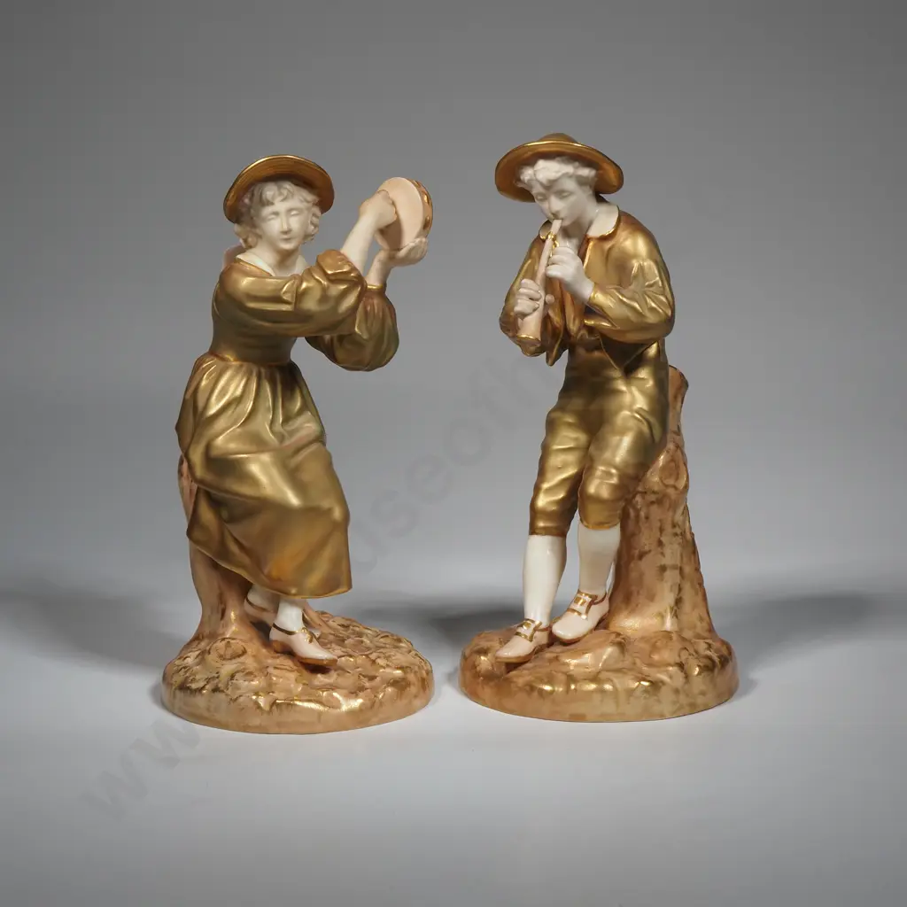James Hadley Royal Worcester Pair of Musician Figurines Featuring A Man Playing A Pipe & A Women Playing A Tambourine Image 1++
