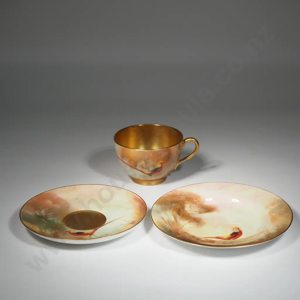 Royal Worcester Golden Pheasant Cup & Saucer & Plate By Sedgley w Gilding To Rim & Interior Of Cup Image 1++