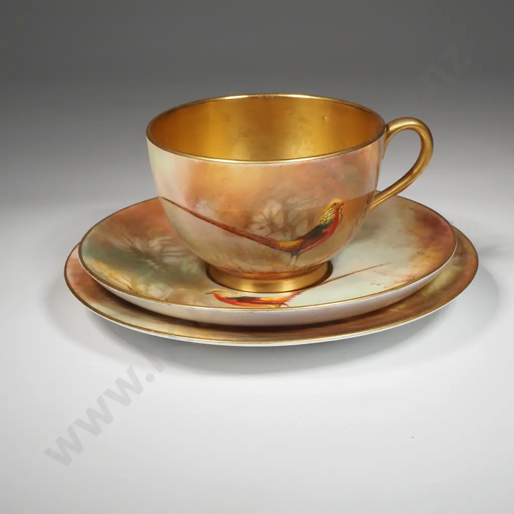 Royal Worcester Golden Pheasant Cup & Saucer & Plate By Sedgley w Gilding To Rim & Interior Of Cup Image 1++